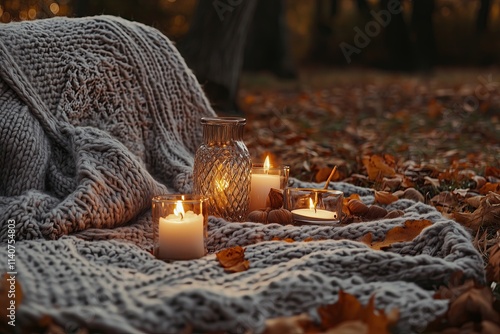 Cozy autumn picnic with knitted blanketss, pimplinss and candless  photo