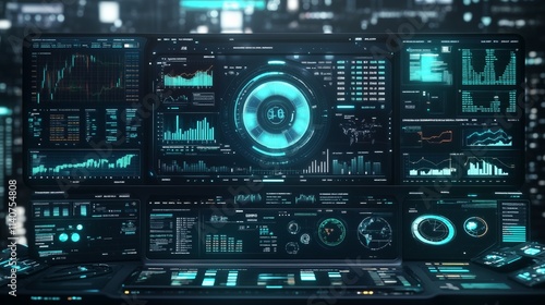 A modern and clean stock market dashboard featuring graphs, charts, and financial data on a minimal blue-gray background. 