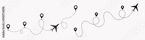 airplane travel straight and dotted path and location pin icon