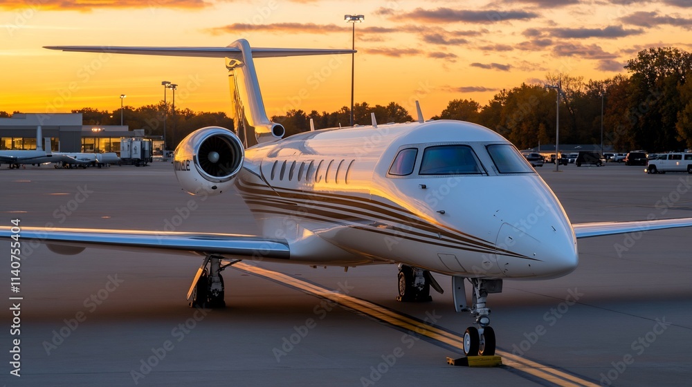 Private jet on tarmac at sunset. Private jet on tarmac at sunset.