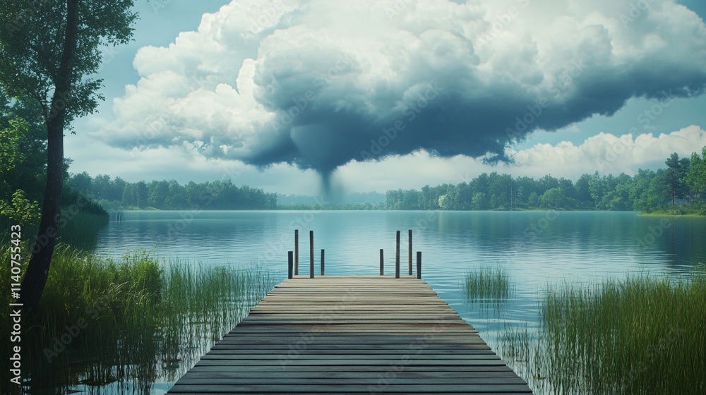 Fototapeta premium A serene dock overlooking a calm lake, with a dramatic storm cloud in the background hinting at an impending storm.