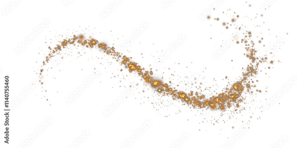 Gold curved light line, rope, spiral, tape. Smooth festive gold line with light effects. Light golden Twirl. Curve light effect of golden line. PNG.
