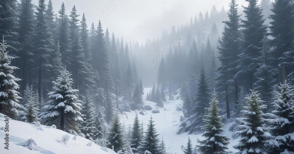 Dense forest of evergreen trees covered in a layer of fresh snow and mist in the background with a subtle blue tint, winter woods, blue fir tree, green foliage Dense forest of evergreen trees covered in a layer of fresh snow and mist in the background with a subtle blue tint, winter woods, blue fir tree, green foliage