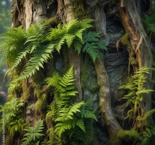 Dense green algae moss and ferns on a gnarled tree trunk texture, foliage, ferns photo