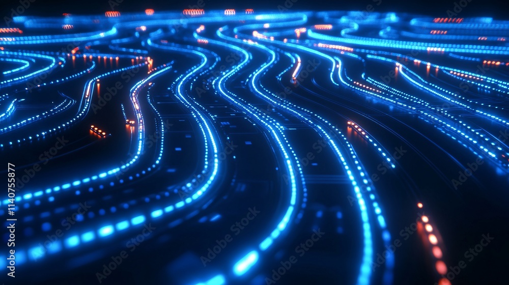 Abstract digital waves with glowing blue and orange lights creating a futuristic atmosphere. Abstract digital waves with glowing blue and orange lights creating a futuristic atmosphere.