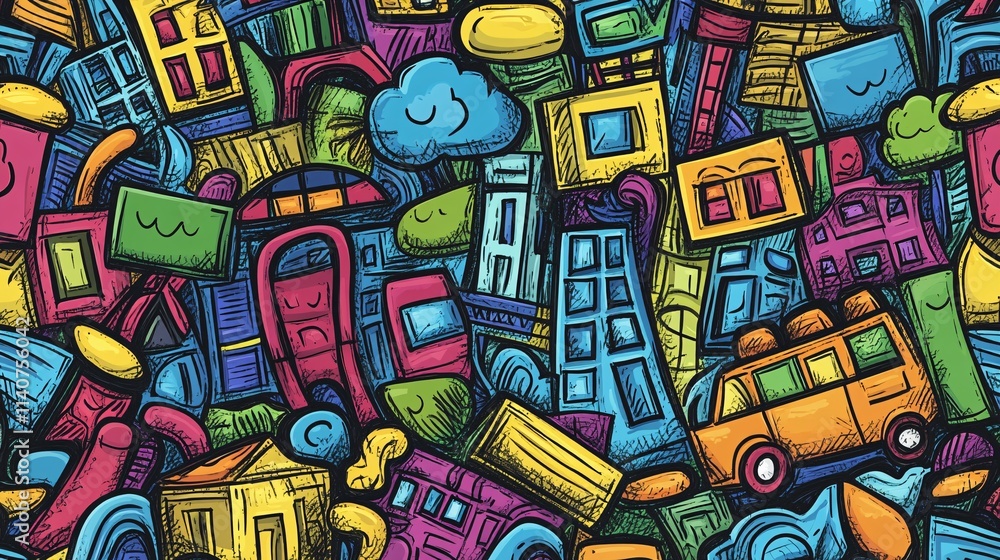 Obraz premium Colorful and whimsical illustration of various houses and vehicles, creating a vibrant cityscape full of charm.