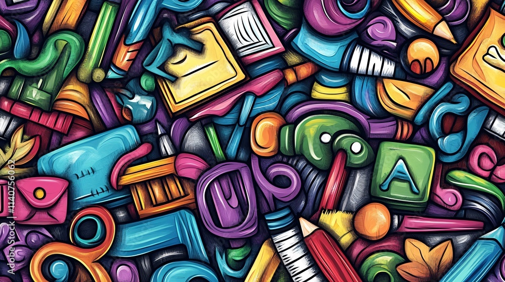 A vibrant and colorful collage of various art supplies and creative tools, showcasing a playful design. A vibrant and colorful collage of various art supplies and creative tools, showcasing a playful design.
