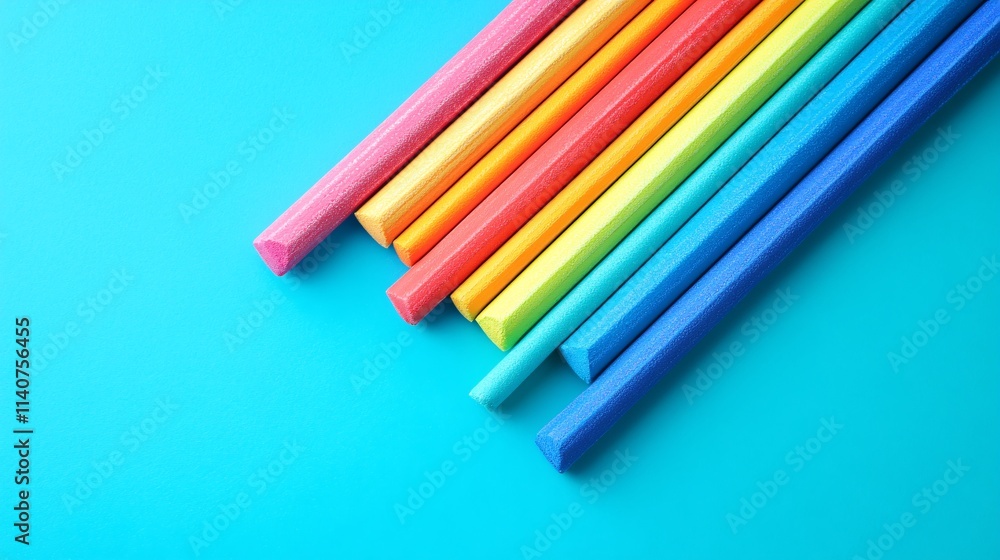 Colorful foam pool noodles in shades of pink, yellow, green, blue, and red against a vibrant turquoise background. Colorful foam pool noodles in shades of pink, yellow, green, blue, and red against a vibrant turquoise background.