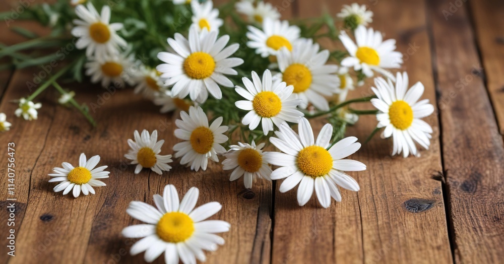 Fototapeta premium Detailed shot of camomile flowers on a natural wood surface, detail, texture