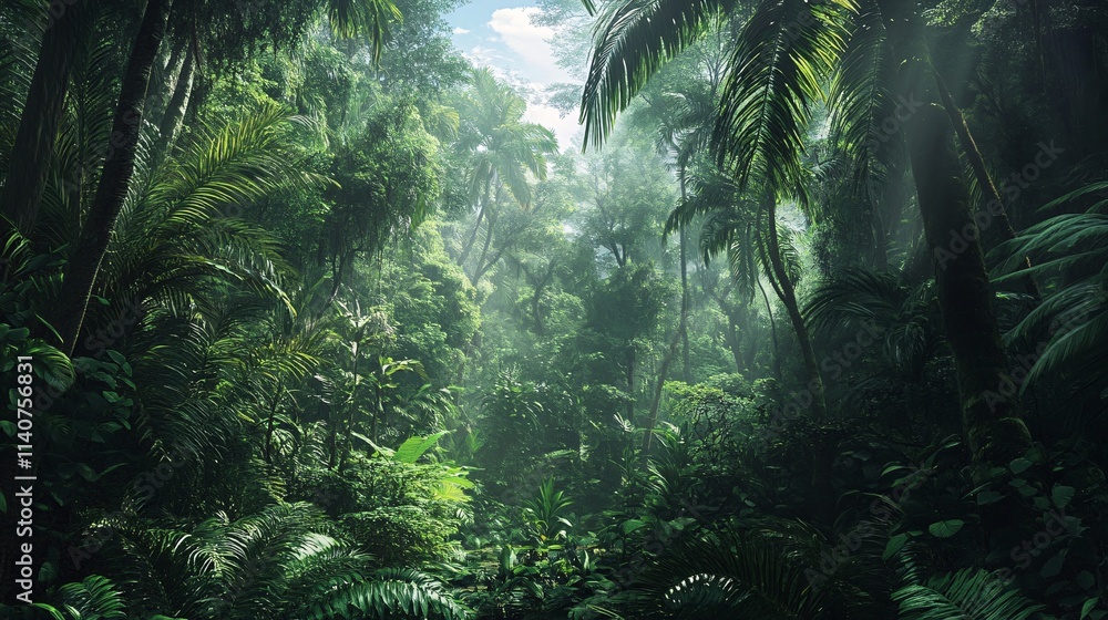 Lush tropical rainforest teeming with vibrant greenery and dappled sunlight filtering through the canopy. Lush tropical rainforest teeming with vibrant greenery and dappled sunlight filtering through the canopy.