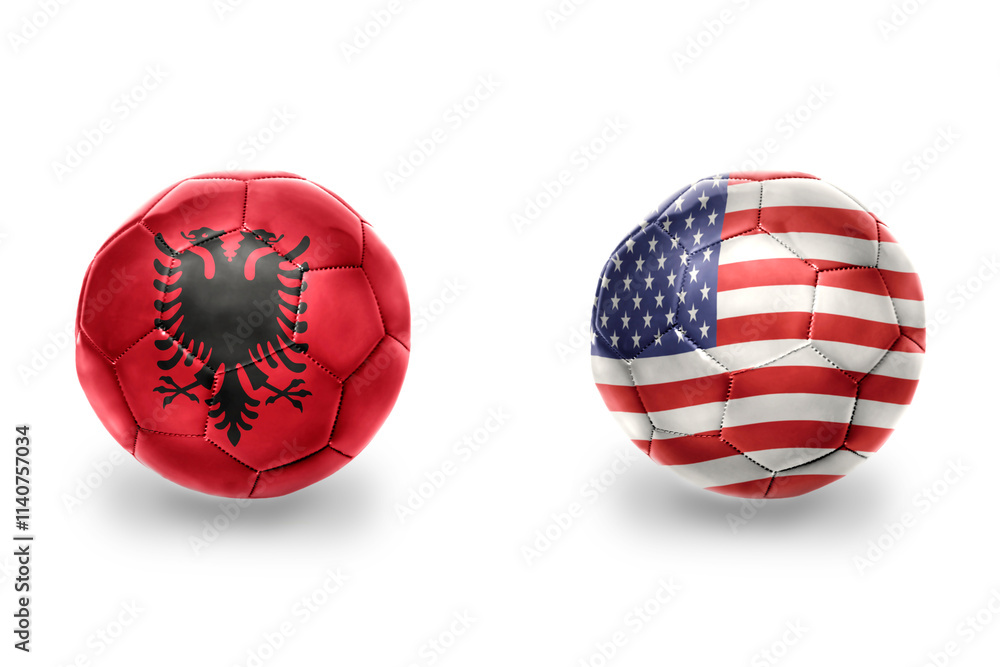football balls with national flags of albania and united states of america ,soccer teams. on the white background. football balls with national flags of albania and united states of america ,soccer teams. on the white background.
