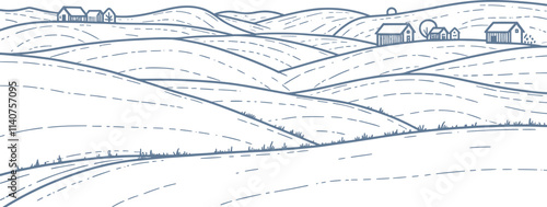 A village with some houses and farmland. Hand drawn landscape with plant and houses.