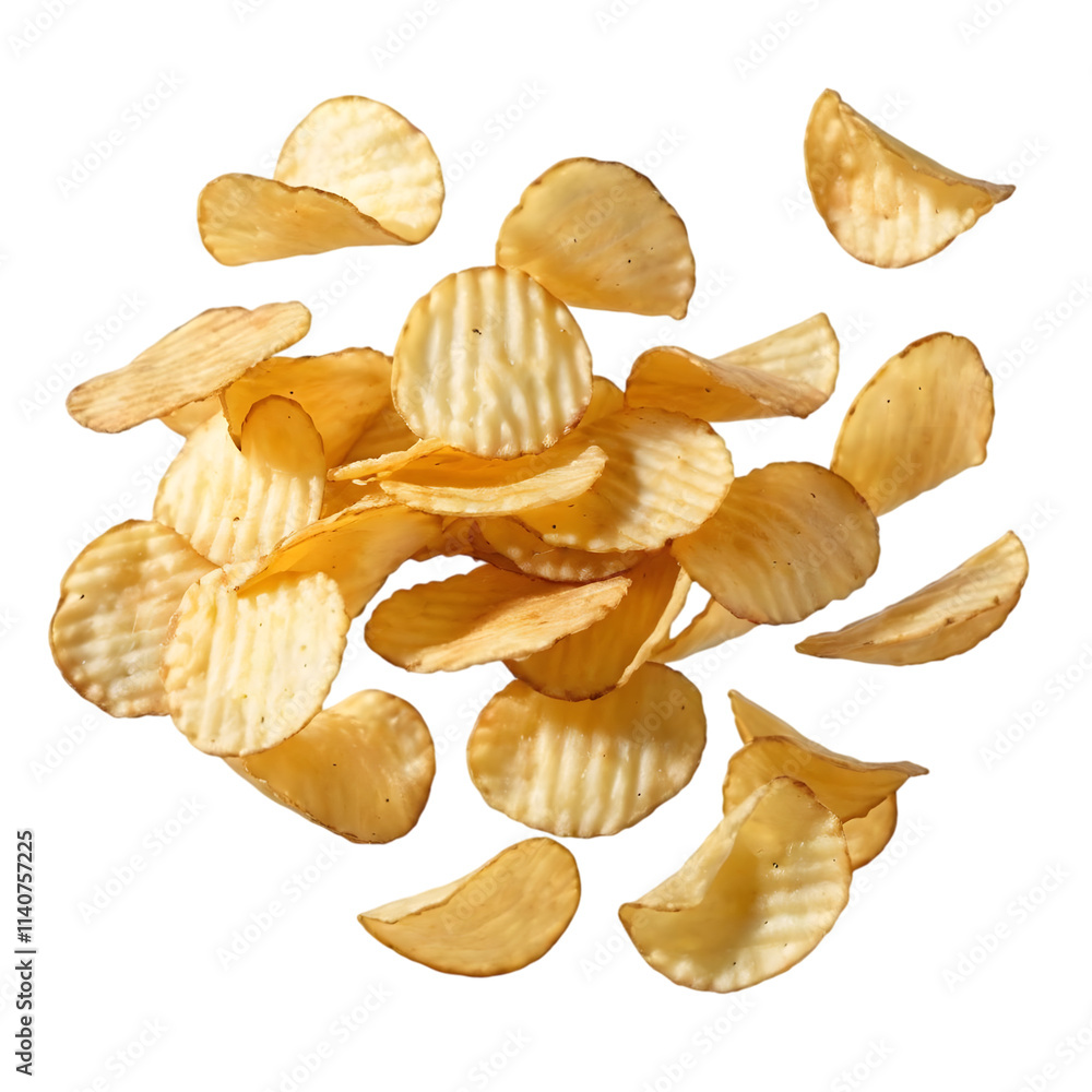 Crispy potato chips floating in the air, isolated on a white background, showcasing their light, crunchy texture Crispy potato chips floating in the air, isolated on a white background, showcasing their light, crunchy texture