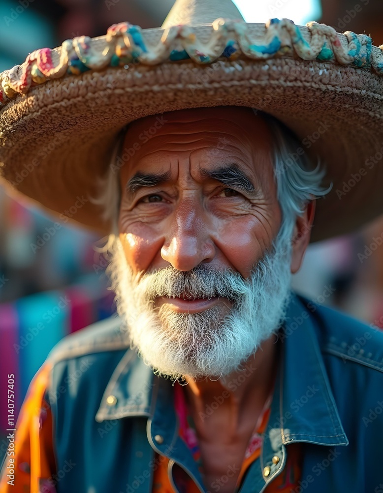 a portrait of mexican old man with colour hat on head