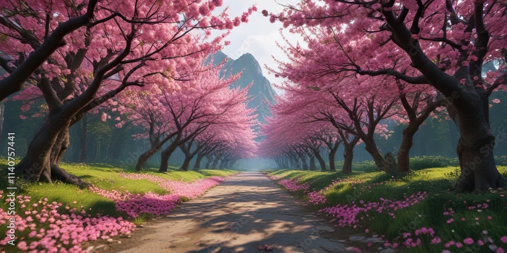 Obraz premium dramatic shot of cherry blossom trees in bloom with vibrant pink flowers and lush green foliage, , springtime scenery