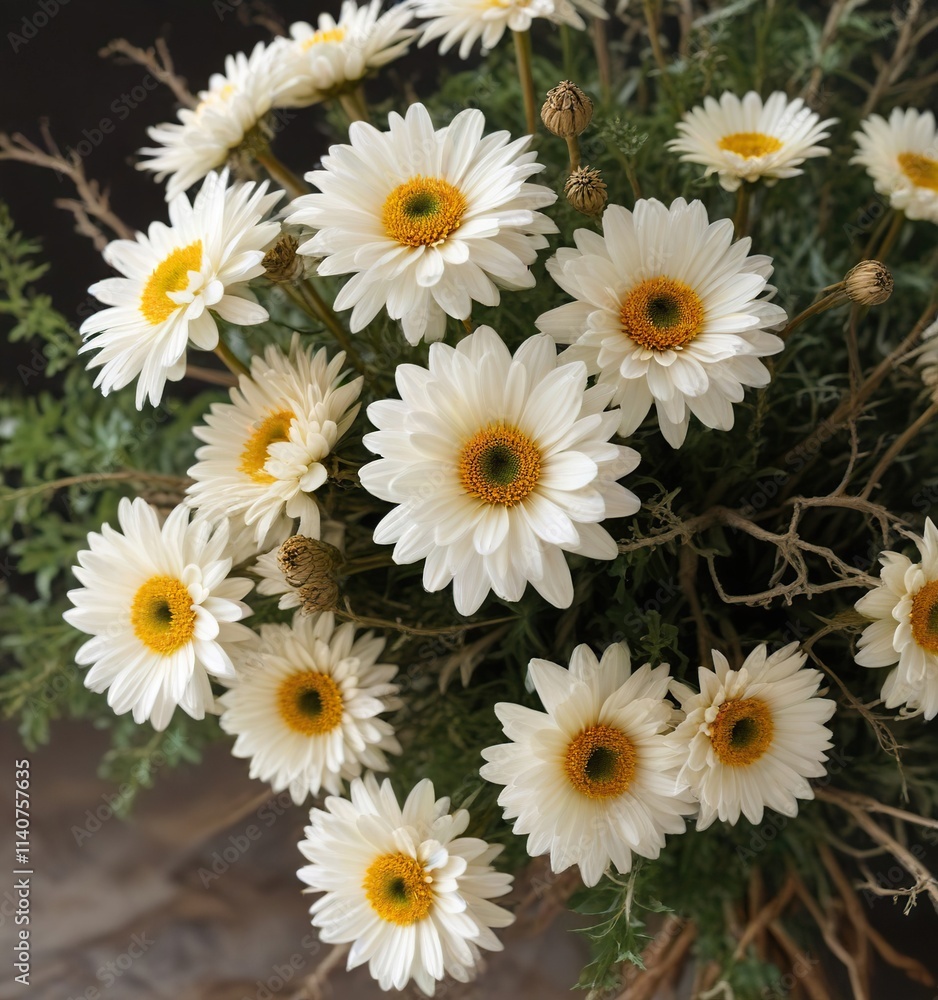 Dried white chrysanthemum flowers arranged in a loose, rustic bouquet with hints of dried greenery and twigs, nature, countryside, landscape Dried white chrysanthemum flowers arranged in a loose, rustic bouquet with hints of dried greenery and twigs, nature, countryside, landscape
