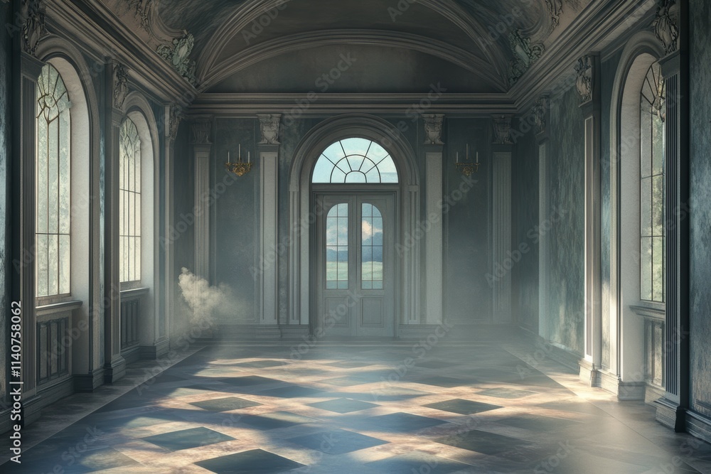 Mysterious Hallway in an Old Palace with a View. 3D Renderer Digital Backdrop. Mysterious Hallway in an Old Palace with a View. 3D Renderer Digital Backdrop.
