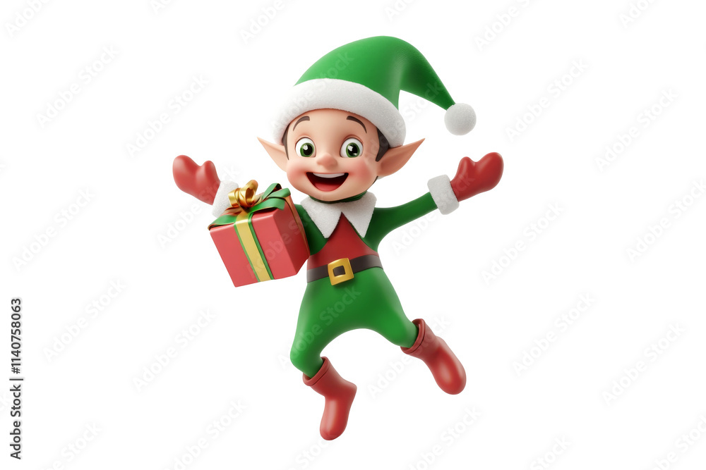 3D Christmas elf holding wrapped gift box, joyful expression, winter cheer isolated on transparent png background. 3D Christmas elf holding wrapped gift box, joyful expression, winter cheer isolated on transparent png background.