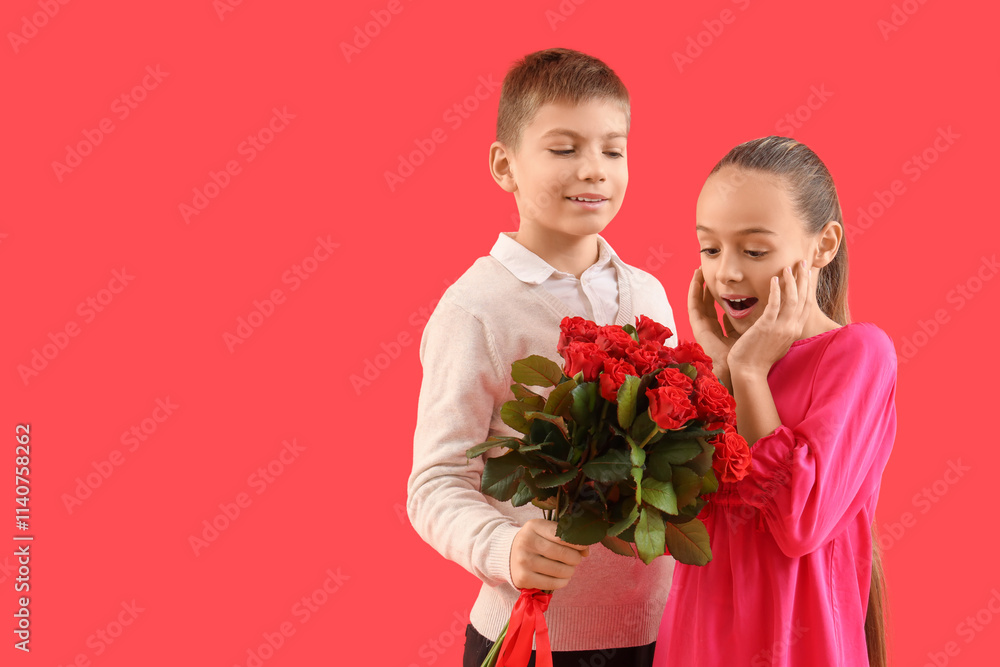 Cute little shocked children with bouquet of roses on red background. Valentine's Day celebration Cute little shocked children with bouquet of roses on red background. Valentine's Day celebration