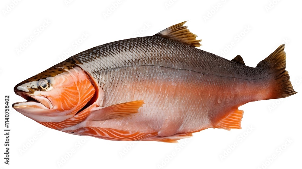 Fototapeta premium A piece of raw salmon captured in mid-air, isolated on a white background. The image showcases the fish's rich color and texture 