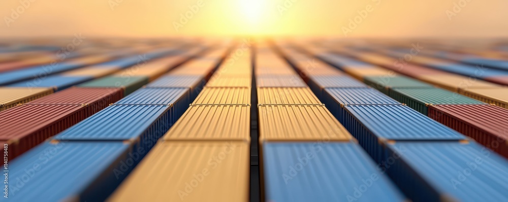 Fototapeta premium A vibrant, abstract landscape of colorful panels stretching towards a glowing sunset, creating a sense of depth and perspective.