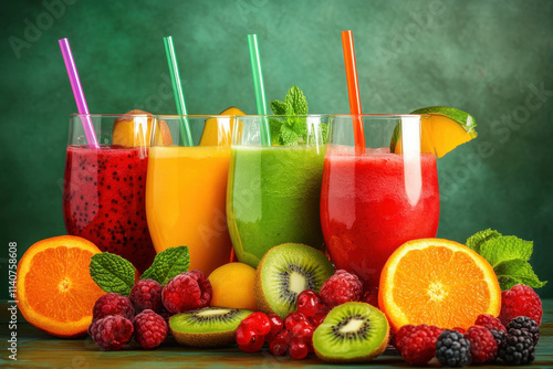 Four glass smoothie glasses with raspberry, mint, mango, blackberry, kiwi and orange for a healthy diet. There are tubes in the glasses. On a green background, with space for text