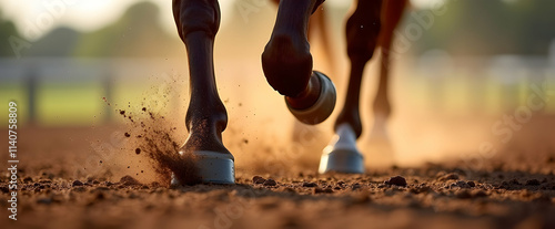 A majestic horse thunders across the track, hooves kicking up dust in a breathtaking display of power and grace at sunset. photo