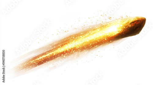 A golden comet with a glowing red star at its core, shimmering bright tail of sparkling dust streaming behind, clean and clear white background, no shadows, subject strongly defined and vibrant --chao