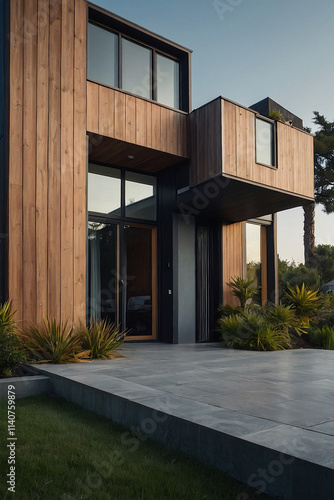 Wallpaper Mural Contemporary wood-clad house exterior at dusk. Features large windows, a raised patio, and landscaping. Dark gray paving stones are visible. Torontodigital.ca