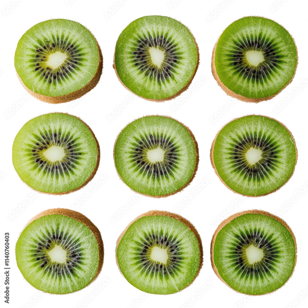 Fototapeta premium Fresh kiwi slices arranged in grid pattern, vibrant colors