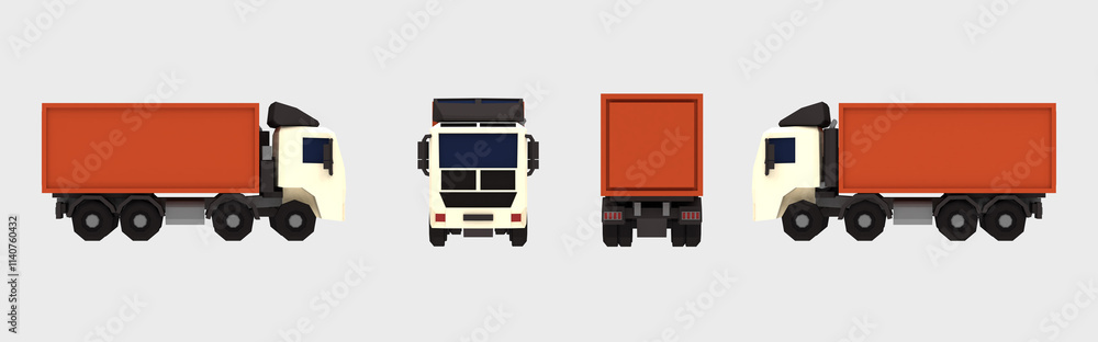 Stylized 3D render of a container cargo truck displayed from four different angles in low poly design with cartoon-like textures. Ideal for logistics, transportation visuals, and creative advertising Stylized 3D render of a container cargo truck displayed from four different angles in low poly design with cartoon-like textures. Ideal for logistics, transportation visuals, and creative advertising