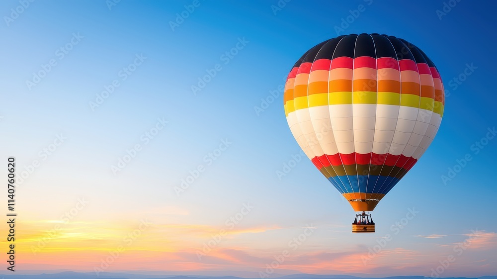 Naklejka premium A colorful hot air balloon floats against a clear sky at sunset, creating a serene and picturesque scene.