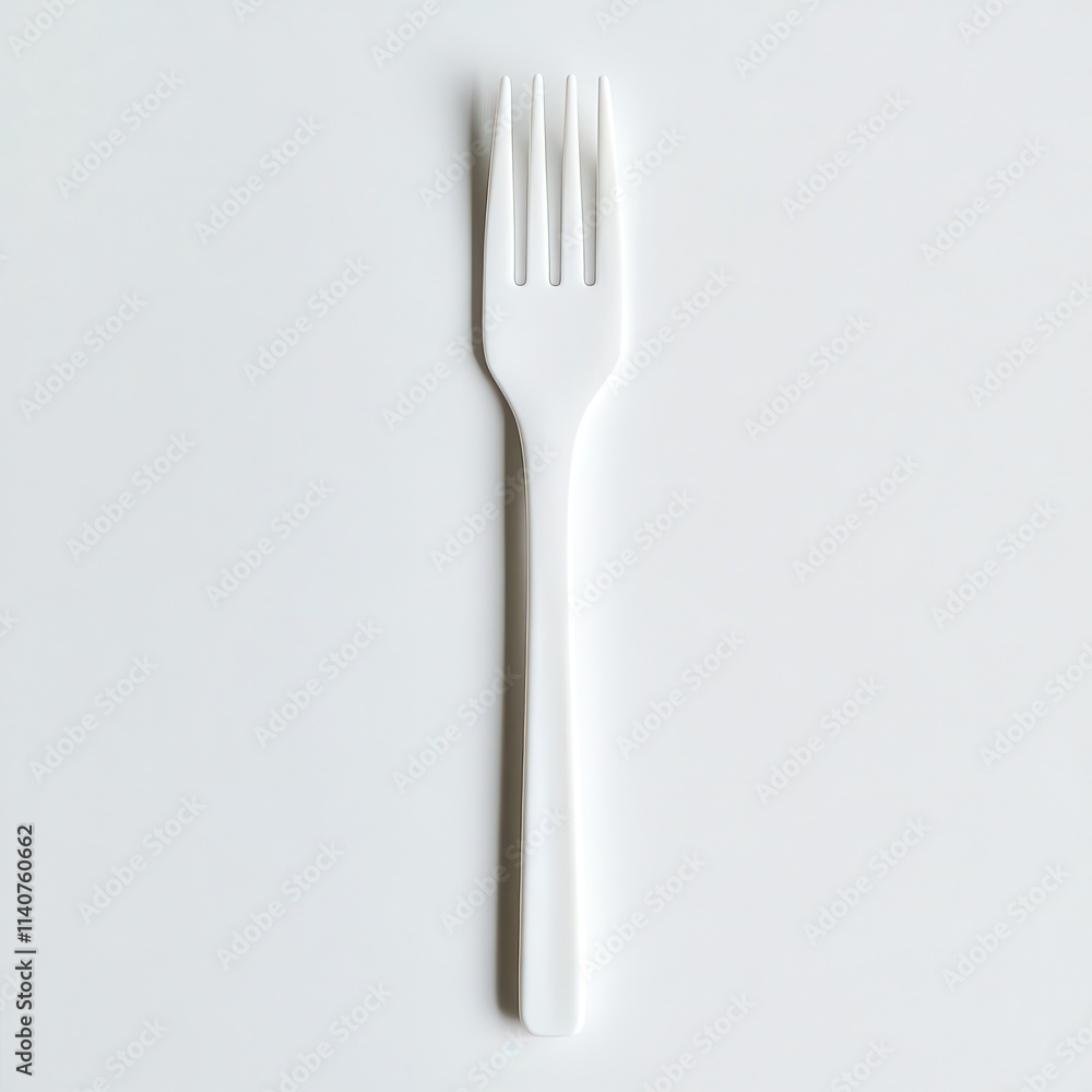 A plastic disposable fork with a smooth surface and white finish on a white background A plastic disposable fork with a smooth surface and white finish on a white background