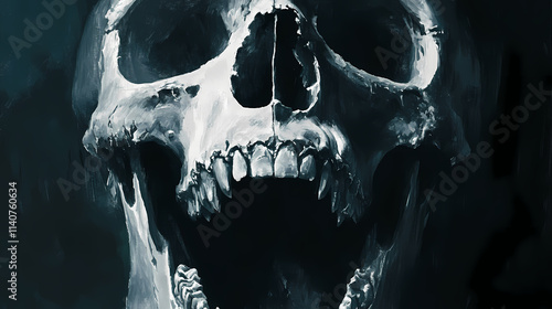 Menacing skull with large teeth and gaping maw, a glimpse into the dark macabre. Chasm. Illustration