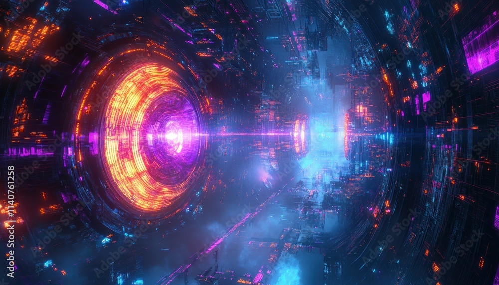 Fototapeta premium Futuristic Cityscape with Glowing Neon Lights and Circular Structure