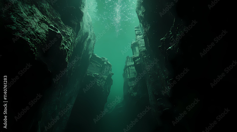 Mysterious underwater abyss with ancient ruins and green glowing light; deep sea exploration with eerie atmosphere and unknown depths. Chasm. Illustration Mysterious underwater abyss with ancient ruins and green glowing light; deep sea exploration with eerie atmosphere and unknown depths. Chasm. Illustration