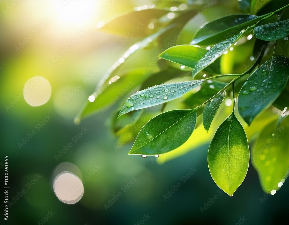Fresh green leaves with delicate drops of dew glistening in soft morning light. The blurred background adds depth and emphasizes the natural beauty of the scene. Fresh green leaves with delicate drops of dew glistening in soft morning light. The blurred background adds depth and emphasizes the natural beauty of the scene.