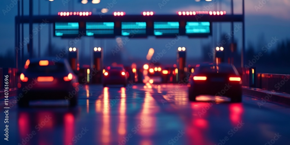 Night traffic at toll booth with blurred lights reflecting on wet road. Night traffic at toll booth with blurred lights reflecting on wet road.