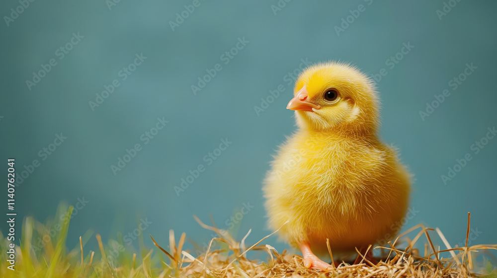 Adorable yellow chick standing on straw with a soft blue background featuring vibrant colors and cute expressions, perfect for nature and farm themes Adorable yellow chick standing on straw with a soft blue background featuring vibrant colors and cute expressions, perfect for nature and farm themes