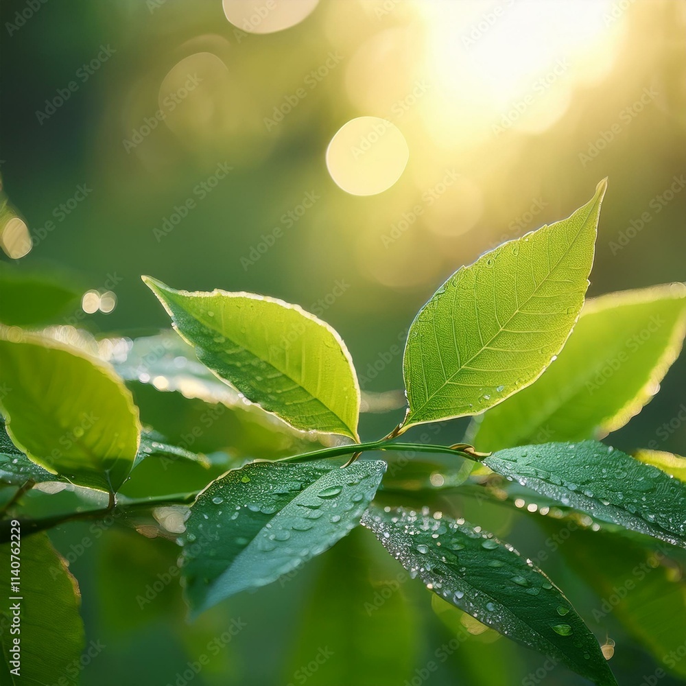 Fresh green leaves with delicate drops of dew glistening in soft morning light. The blurred background adds depth and emphasizes the natural beauty of the scene. Fresh green leaves with delicate drops of dew glistening in soft morning light. The blurred background adds depth and emphasizes the natural beauty of the scene.