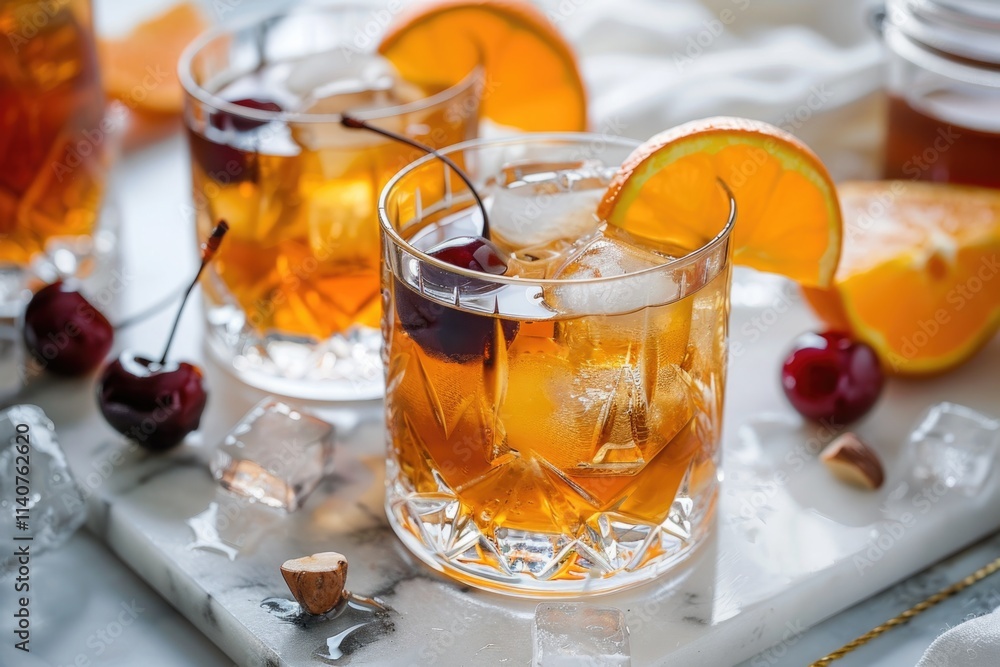 Drink Garnish. Classic Old-Fashioned Cocktail with Bourbon Whiskey, Bitters and Citrus Garnish Drink Garnish. Classic Old-Fashioned Cocktail with Bourbon Whiskey, Bitters and Citrus Garnish