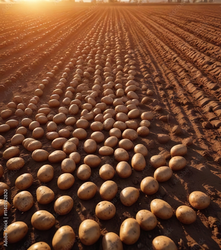 Obraz premium Field of potatoes with the warm light of sunset casting long shadows, fields, potatoes