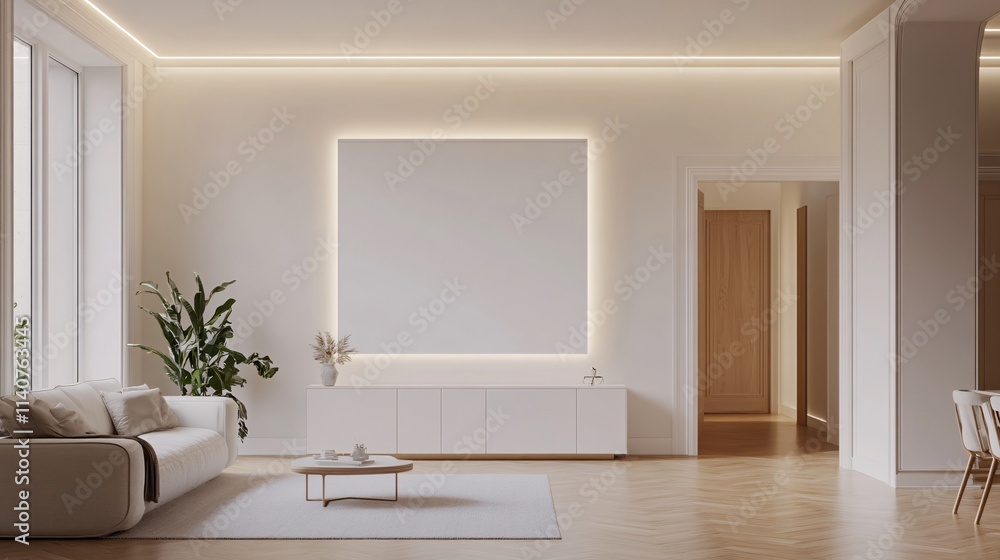 Spacious modern living room featuring clean lines and neutral tones, with soft lighting and elegant decor. Spacious modern living room featuring clean lines and neutral tones, with soft lighting and elegant decor.