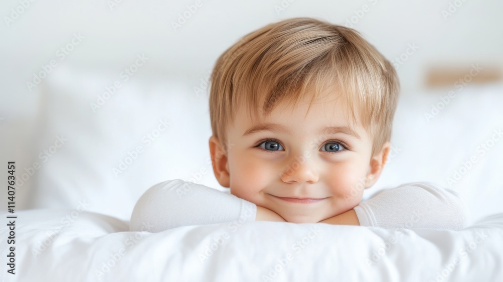 Happy Child Smiling with Bright Eyes Enjoying Cozy Time at Home on Soft White Bedding and Blanket Happy Child Smiling with Bright Eyes Enjoying Cozy Time at Home on Soft White Bedding and Blanket