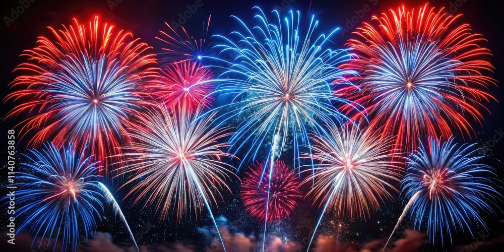 Patriotic fireworks illuminate the night sky: red, white, and blue bursts for Fourth of July and New Year's Eve. Patriotic fireworks illuminate the night sky: red, white, and blue bursts for Fourth of July and New Year's Eve.