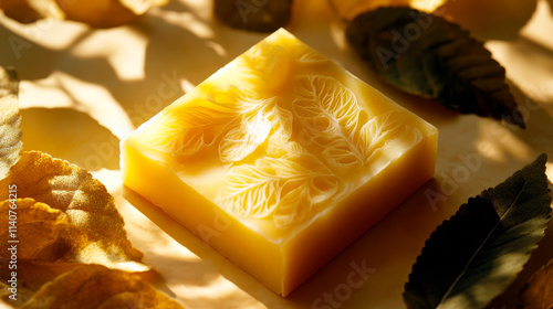 Lemon Verbena Soap Bar with Leaf Imprints and Yellow Tones