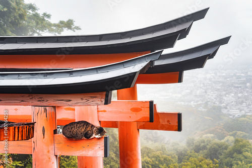 Canvas Print A cat sleeping on top of a torii gate at Fushimi Inari Taisha in Kyoto, Japan