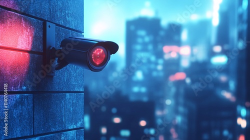 A sleek security camera mounted on a wall, glowing red in a dimly lit urban environment, capturing the essence of surveillance.