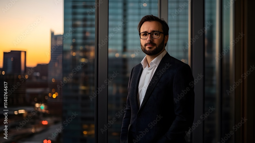 Businessman Stands By Window at Sunset Cityscape Businessman Stands By Window at Sunset Cityscape