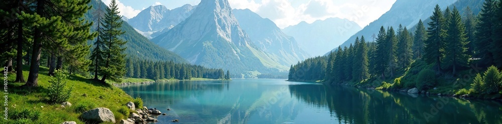 Fototapeta premium Dense Alpine forest with towering pine trees and a serene lake, peacefulness, mountains, serene